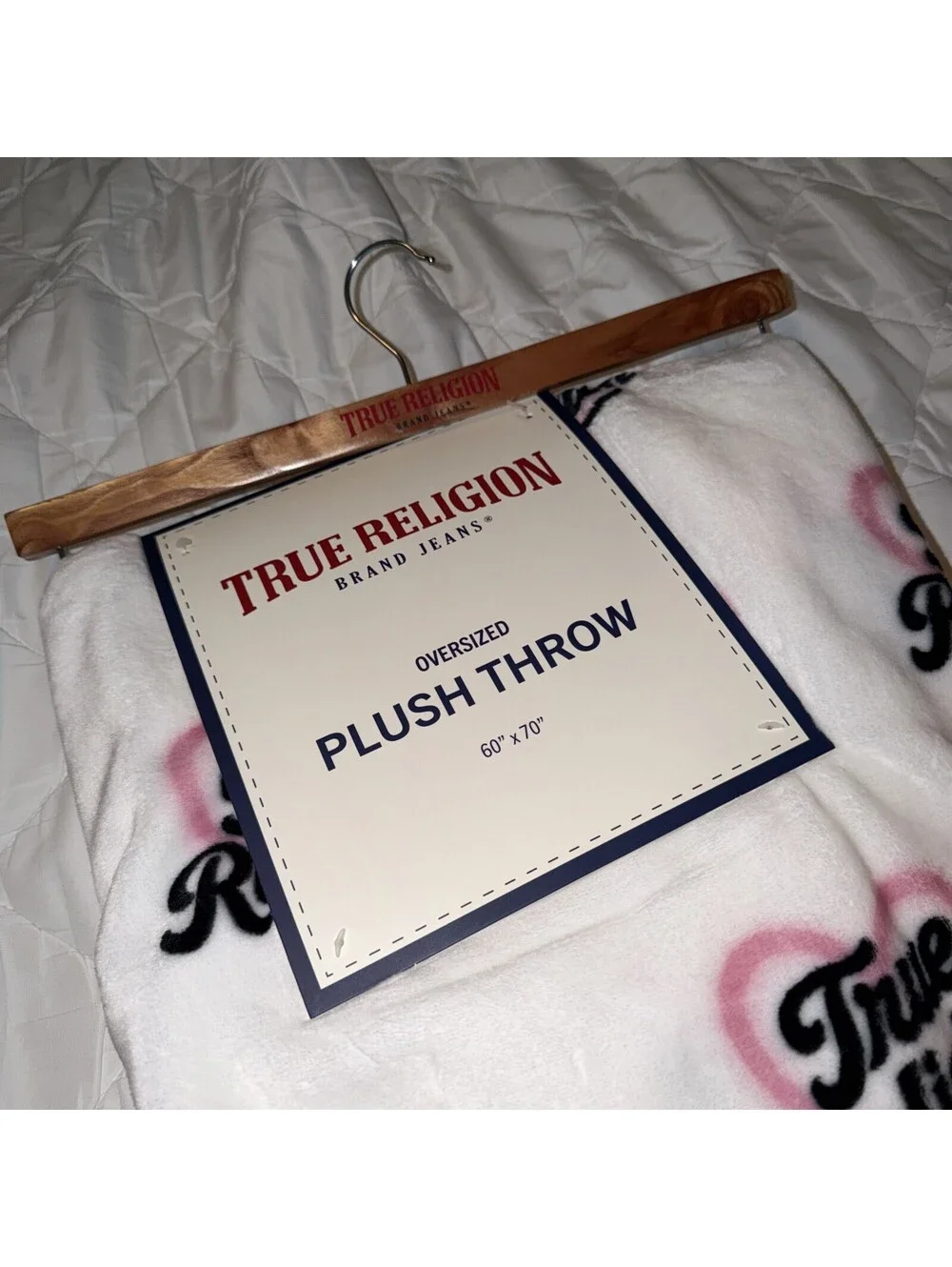 True Religion Oversized Plush Throw Blanket 60x70 in White pink heart  Graphic
